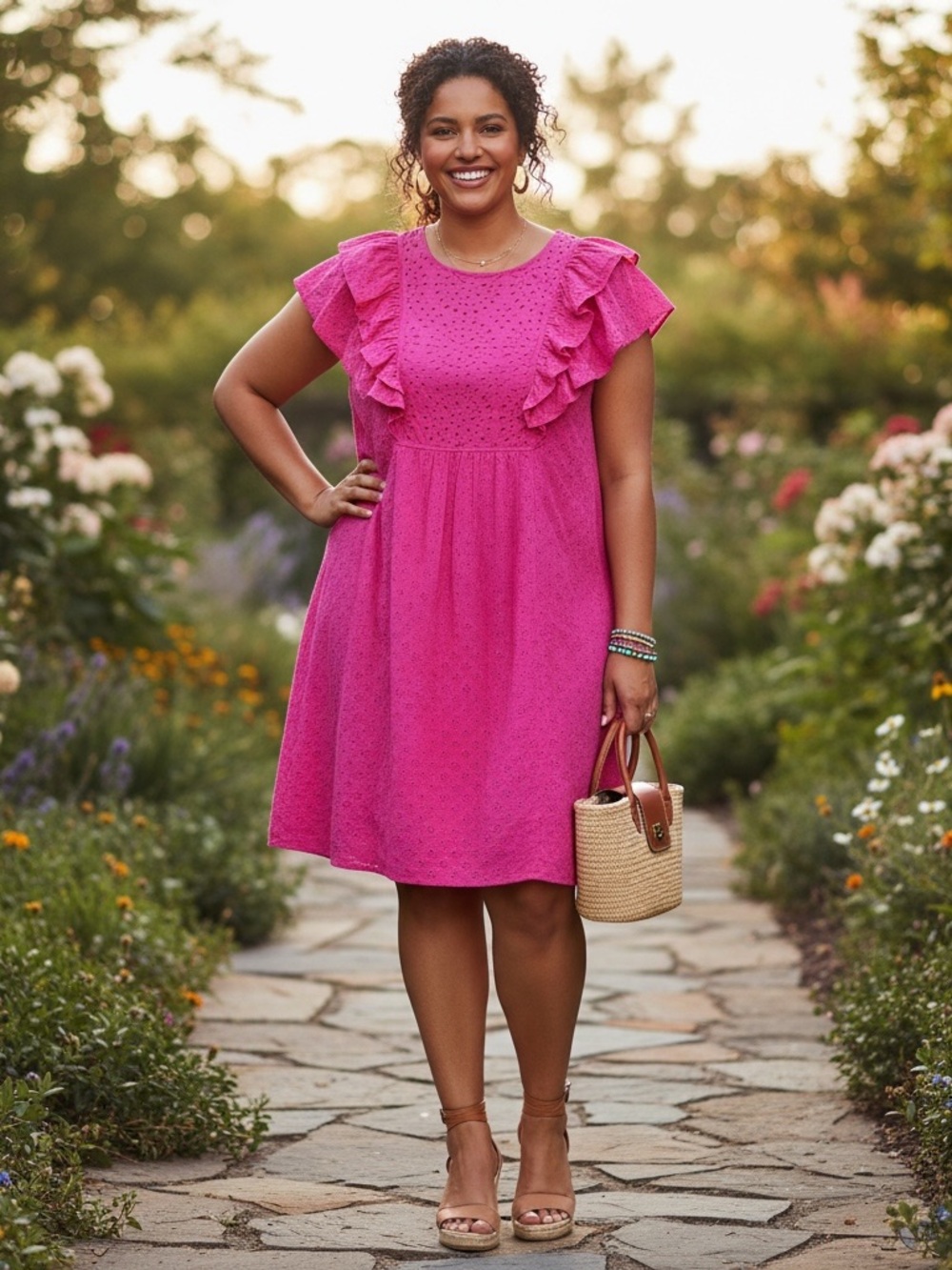 Terra & Sky Ruffle Eyelet Midi Dress in Fuchsia Pink